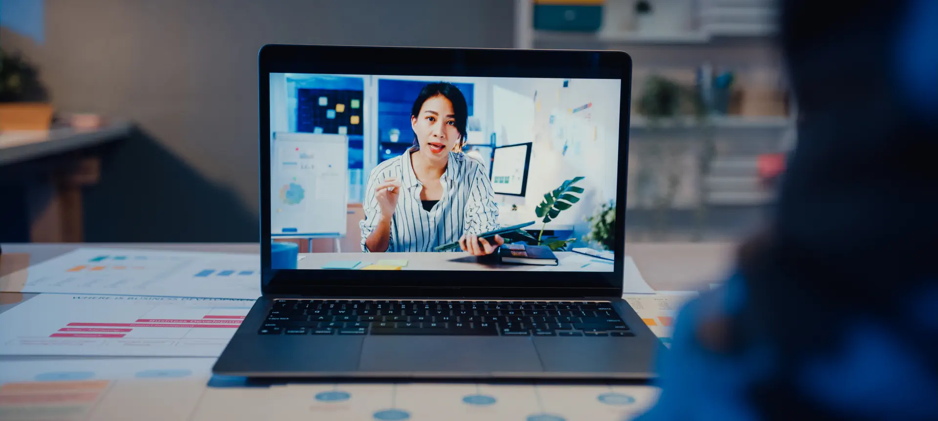 a woman talking through a video call