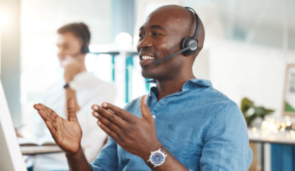 Customer service representative wearing a headset